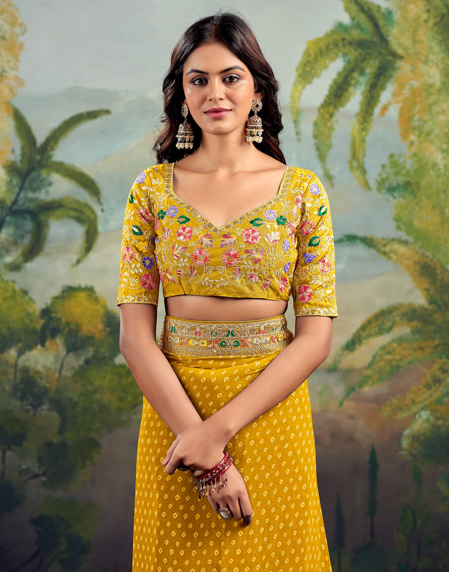 Bandhani Printed Georgette Saree With Embroidered Lace Border