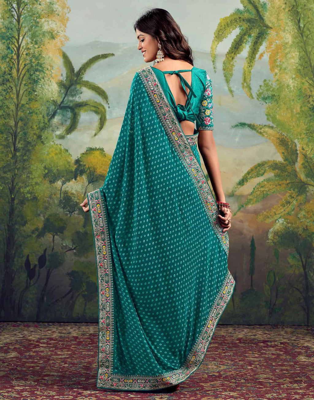 Bandhani Printed Georgette Saree With Embroidered Lace Border